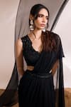 Buy_Divya Aggarwal_Black Blouse Satin Embellished Floral V Neck Eve Ruffle Pre-draped Saree With _Online_at_Aza_Fashions