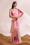 Buy_Divya Aggarwal_Pink Blouse Sheeted Sequin Printed Floral V Neck Fiona Pre-draped Saree With _at_Aza_Fashions