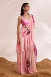 Divya Aggarwal_Pink Blouse Sheeted Sequin Printed Floral V Neck Fiona Pre-draped Saree With _Online_at_Aza_Fashions