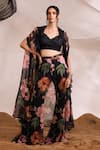 Buy_Divya Aggarwal_Black Cape And Pant Chiffon Printed Floral V Neck Harlow Ruffle & Set _at_Aza_Fashions