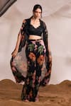 Shop_Divya Aggarwal_Black Cape And Pant Chiffon Printed Floral V Neck Harlow Ruffle & Set _at_Aza_Fashions