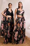 Divya Aggarwal_Black Cape And Pant Chiffon Printed Floral V Neck Harlow Ruffle & Set _Online_at_Aza_Fashions