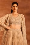 Shop_Divya Aggarwal_Beige Metallic Chanderi Embellished Tassel Blouse V Idalia Cape And Lehenga Set _Online_at_Aza_Fashions