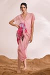 Buy_Divya Aggarwal_Pink Kaftan Chiffon Printed Abstract Floral V Neck Isadora Ruched _at_Aza_Fashions