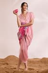 Divya Aggarwal_Pink Kaftan Chiffon Printed Abstract Floral V Neck Isadora Ruched _Online_at_Aza_Fashions