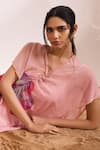 Divya Aggarwal_Pink Kaftan Chiffon Printed Abstract Floral V Neck Isadora Ruched _at_Aza_Fashions