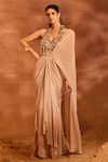 Buy_Divya Aggarwal_Beige Georgette Embellished Renee Pre-draped Ruffle Saree With Blouse _at_Aza_Fashions