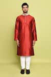 Shop_Arihant Rai Sinha_Maroon Raw Silk Hand Embroidered Stone Collar Kurta With Pant _Online_at_Aza_Fashions