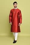 Buy_Arihant Rai Sinha_Maroon Raw Silk Hand Embroidered Stone Collar Kurta With Pant 