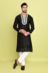 Buy_Arihant Rai Sinha_Black Raw Silk Hand Embroidered Stone Contrast Neck Straight Kurta With Pant _at_Aza_Fashions