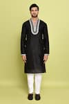 Shop_Arihant Rai Sinha_Black Raw Silk Hand Embroidered Stone Contrast Neck Straight Kurta With Pant _Online_at_Aza_Fashions