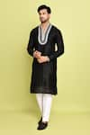 Buy_Arihant Rai Sinha_Black Raw Silk Hand Embroidered Stone Contrast Neck Straight Kurta With Pant 