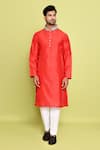 Buy_Arihant Rai Sinha_Red Rayon Hand Embroidered Stone Collar Straight Kurta With Pant _at_Aza_Fashions