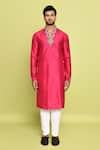 Shop_Arihant Rai Sinha_Fuchsia Raw Silk Hand Embroidered Stone Resham Kurta With Pant _Online_at_Aza_Fashions