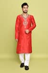 Buy_Arihant Rai Sinha_Red Raw Silk Hand Embroidered Sequin Bead Kurta With Pant _at_Aza_Fashions