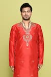 Buy_Arihant Rai Sinha_Red Raw Silk Hand Embroidered Sequin Bead Kurta With Pant _Online_at_Aza_Fashions