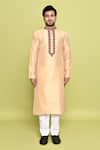 Shop_Arihant Rai Sinha_Gold Raw Silk Embroidered Contrast Straight Kurta With Pant_Online_at_Aza_Fashions