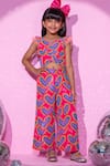 Buy_LIL DRAMA_Peach Polyester Lining 100% Cotton Print Shimmery Ruched Crop Top With Pant_at_Aza_Fashions