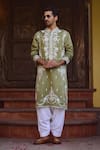 Buy_Ankit V Kapoor_Green Viscose Silk Linen Embroidered Thread Falaknuma Kurta And Pant Set_at_Aza_Fashions