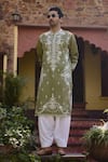 Ankit V Kapoor_Green Viscose Silk Linen Embroidered Thread Falaknuma Kurta And Pant Set_Online_at_Aza_Fashions