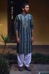 Ankit V Kapoor_Grey Pure Habutai Silk Embroidered Thread Jaisalmer Kurta And Pant Set_Online_at_Aza_Fashions