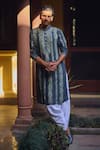 Shop_Ankit V Kapoor_Grey Pure Habutai Silk Embroidered Thread Jaisalmer Kurta And Pant Set_Online_at_Aza_Fashions