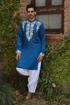 Buy_Ankit V Kapoor_Blue Viscose Silk Linen Embroidered Thread Kapurthala Kurta And Salwar Set_at_Aza_Fashions