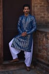 Buy_Ankit V Kapoor_Blue Viscose Cotton Silk Embroidered Mirror Umaid Kurta Salwar Set_Online_at_Aza_Fashions