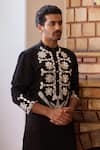 Ankit V Kapoor_Black Viscose Silk Linen Embroidered Mirror Juna Kurta And Churidar Set_Online_at_Aza_Fashions