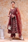 Buy_POMCHA JAIPUR_Maroon Anarkali And Pant Cotton Printed Floral Square Neck Set_at_Aza_Fashions