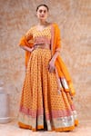 Buy_POMCHA JAIPUR_Yellow Blouse And Lehenga Cotton Printed Bouquet Sweetheart Neck Set _at_Aza_Fashions