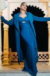 Astha Batra_Blue Shimmer Georgette Plain Sweetheart Neck Charlotte Draped Gown  _at_Aza_Fashions