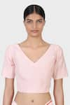 Buy_LAITE_Pink 70% Cotton Plain Running Stitch V-neck Blouse _at_Aza_Fashions