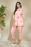 Buy_The Home Affair_Peach Soft Chanderi Cotton Block Print Floral Shirt Collar Short Kurta Pant Set _at_Aza_Fashions