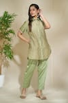 Buy_The Home Affair_Green Soft Chanderi Cotton Block Print Floral Jaal Shirt Short Kurta Pant Set _at_Aza_Fashions