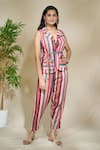 Buy_The Home Affair_Pink Pure Linen Printed Stripes Lapel Collar Jacket Top Pant Set _at_Aza_Fashions