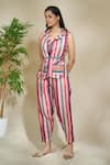 The Home Affair_Pink Pure Linen Printed Stripes Lapel Collar Jacket Top Pant Set _Online_at_Aza_Fashions