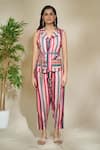 The Home Affair_Pink Pure Linen Printed Stripes Lapel Collar Jacket Top Pant Set _at_Aza_Fashions