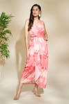 Buy_The Home Affair_Pink Cambric Muslin Cotton Printed Foliage V-neck Draped Slit Dress _at_Aza_Fashions