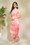 Buy_The Home Affair_Pink Cambric Muslin Cotton Printed Foliage V-neck Draped Slit Dress _Online_at_Aza_Fashions