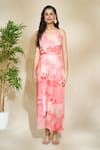 The Home Affair_Pink Cambric Muslin Cotton Printed Foliage V-neck Draped Slit Dress _at_Aza_Fashions