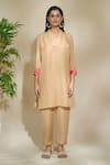 The Home Affair_Beige Cambric Muslin Cotton Embellished Sequin V-neck Placement Tunic With Pant _Online_at_Aza_Fashions