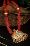 Shop_Neeta Boochra_Orange Pearl Ghungroo Fusion Carved Pendant Carnelian Necklace _at_Aza_Fashions