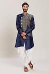 Shop_Aryavir Malhotra_Blue Silk Woven Damask Jacquard Panel Asymmetric Kurta Set _Online_at_Aza_Fashions