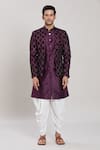 Aryavir Malhotra_Wine Silk Embroidery Sequin Acanthus Jaal Woven Attached Velvet Jacket Kurta Set _Online_at_Aza_Fashions