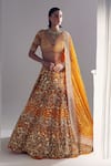 Buy_Ruchika Hurria_Orange Net Embroidered Pearl Plunge Neck Sequin Lehenga Set _at_Aza_Fashions