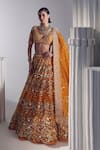 Shop_Ruchika Hurria_Orange Net Embroidered Pearl Plunge Neck Sequin Lehenga Set _Online_at_Aza_Fashions