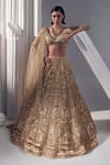 Buy_Ruchika Hurria_Gold Net Embroidered Floral Plunge Sequin Lehenga Set_at_Aza_Fashions