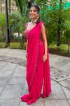 Buy_Richa Jaisinghani Label_Pink Georgette Fleur Border Embellished Pre-draped Saree With Blouse  _Online_at_Aza_Fashions