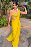 Buy_Richa Jaisinghani Label_Yellow Georgette Embroidery Border Pre-draped Saree With Blouse  _at_Aza_Fashions